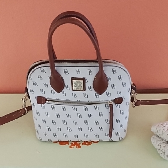 Dooney & Bourke White and Brown Satchel with Monogrammed Design - Picture 1 of 4